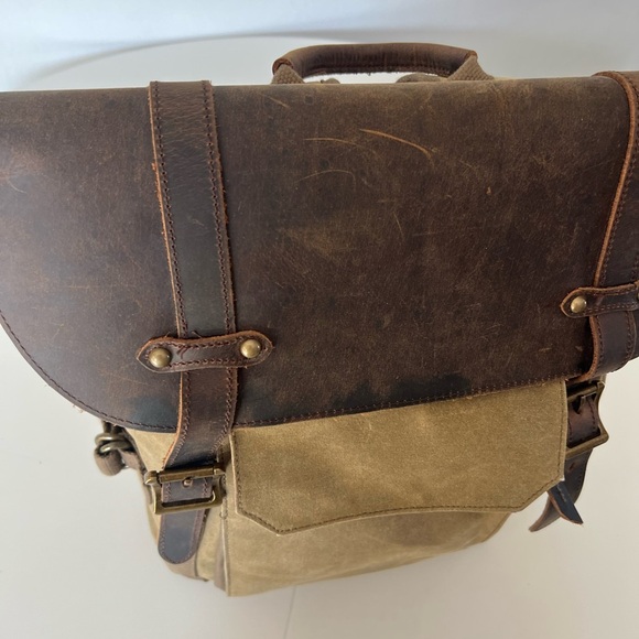 Waxed Canvas & Leather Khaki Color DSLR Camera Bag & Lens Lens Backpack - Picture 12 of 16